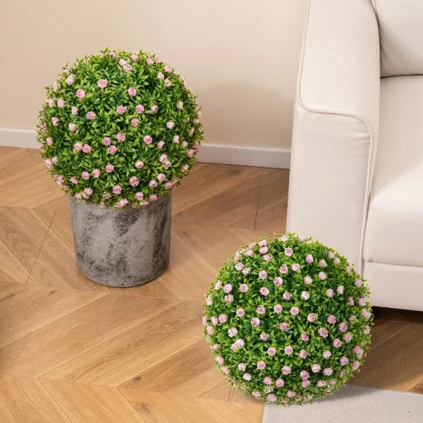 2 Boules Topiaires Artificielles 37 cm avec des Fleurs Rose Plantes de Faux en Boules à Suspendre ou Poser Sphère de Jardin Décoratives