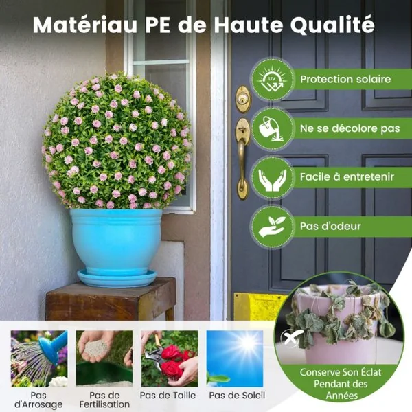 2 Boules Topiaires Artificielles 37 cm avec des Fleurs Rose Plantes de Faux en Boules à Suspendre ou Poser Sphère de Jardin Décoratives