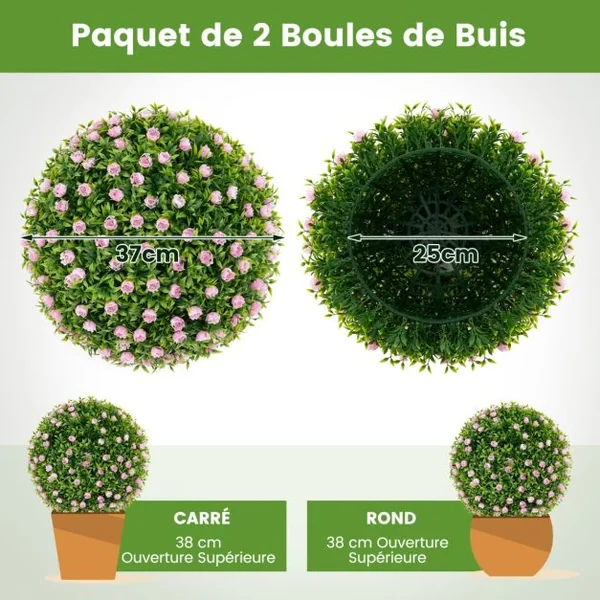 2 Boules Topiaires Artificielles 37 cm avec des Fleurs Rose Plantes de Faux en Boules à Suspendre ou Poser Sphère de Jardin Décoratives