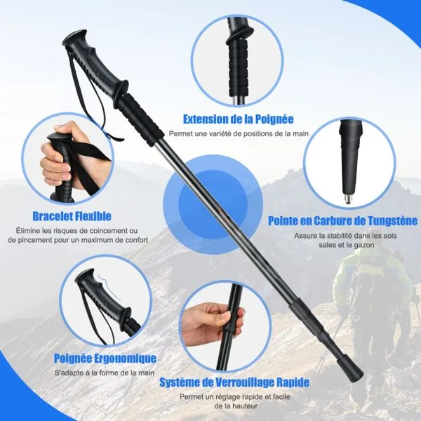 2 Bâtons de Marche Léger Longueurs Réglables 65-135cm Bâtons de Randonnée en Aluminium Alpenstocks Durables