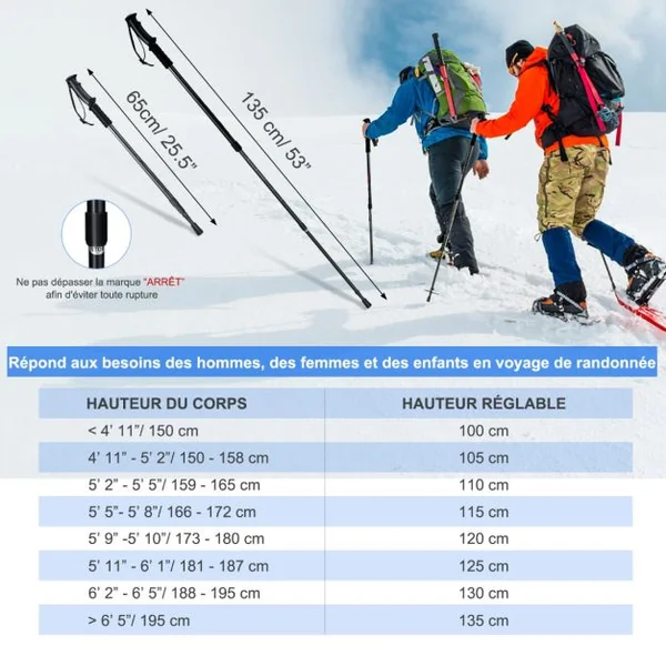 2 Bâtons de Marche Léger Longueurs Réglables 65-135cm Bâtons de Randonnée en Aluminium Alpenstocks Durables
