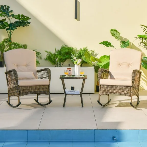 2 Chaises à Bascule en rotin PE et Table d'Appoint en Verre Trempé Coussins Inclus Ensemble Table et Chaises de Jardin
