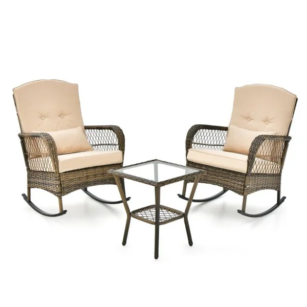2 Chaises à Bascule en rotin PE et Table d'Appoint en Verre Trempé Coussins Inclus Ensemble Table et Chaises de Jardin