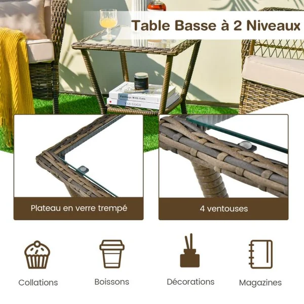 2 Chaises à Bascule en rotin PE et Table d'Appoint en Verre Trempé Coussins Inclus Ensemble Table et Chaises de Jardin