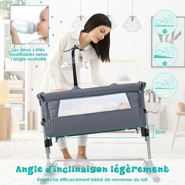 2 en 1 Berceau Cododo Bébé avec Matelas Hauteur Réglables Connecter avec Lit de Parent Arceau de Jeu Jusqu'à 9 KG