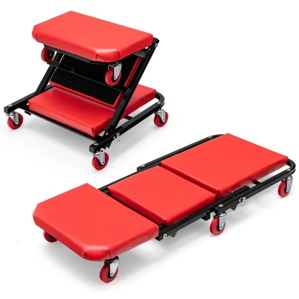 2 en 1 Chariot de Visite Mécanicien avec 6 Roues Universelles Assise et Inclinée Max 150 kg Bonne Mobilité Voiture Moto