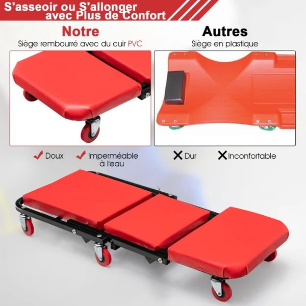 2 en 1 Chariot de Visite Mécanicien avec 6 Roues Universelles Assise et Inclinée Max 150 kg Bonne Mobilité Voiture Moto