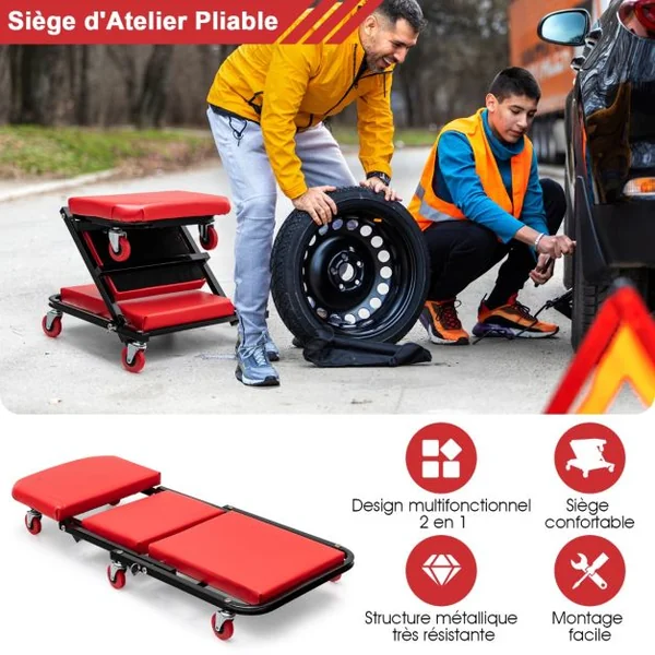 2 en 1 Chariot de Visite Mécanicien avec 6 Roues Universelles Assise et Inclinée Max 150 kg Bonne Mobilité Voiture Moto