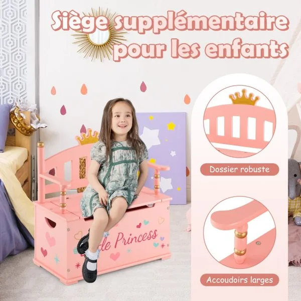 2 en 1 Coffre à Jouets pour Enfants Banc de Rangement avce Dossier & Accoudoirs Espace de Stockage Charnière de Sécurité 60 x 30 x 63 cm 3 Ans+