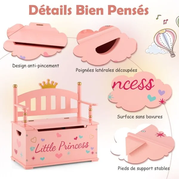 2 en 1 Coffre à Jouets pour Enfants Banc de Rangement avce Dossier & Accoudoirs Espace de Stockage Charnière de Sécurité 60 x 30 x 63 cm 3 Ans+
