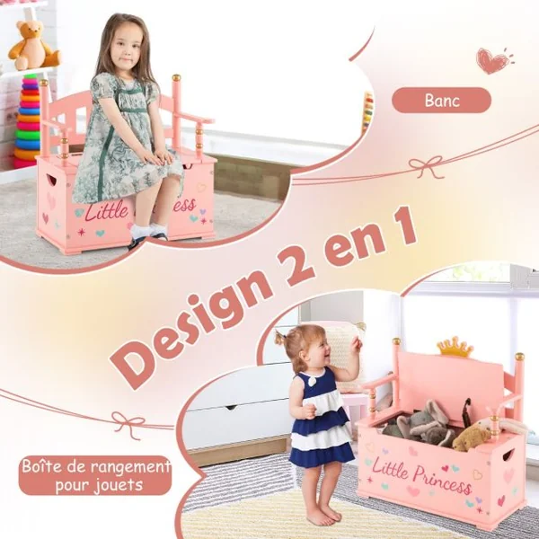 2 en 1 Coffre à Jouets pour Enfants Banc de Rangement avce Dossier & Accoudoirs Espace de Stockage Charnière de Sécurité 60 x 30 x 63 cm 3 Ans+