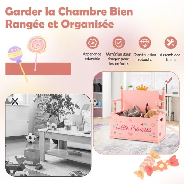 2 en 1 Coffre à Jouets pour Enfants Banc de Rangement avce Dossier & Accoudoirs Espace de Stockage Charnière de Sécurité 60 x 30 x 63 cm 3 Ans+