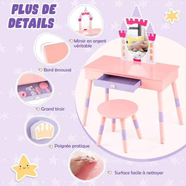 2 en 1 Coiffeuse Enfants sur Thème du Château avec Tabouret Table de Maquillage Princesse avec Miroir Détachable Accessoires Riches pour Enfants 3 Ans+ Rose