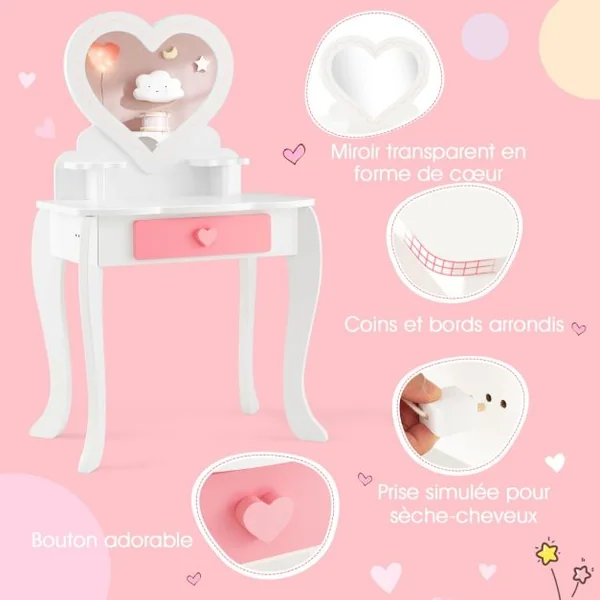 2 en 1 Coiffeuse et Tabouret Enfants avec Miroir Amovible en Forme de Cœur 10 Jouets d'Habillage Tiroir pour 3+ Ans Blanc