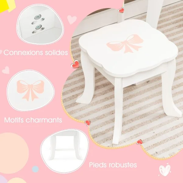 2 en 1 Coiffeuse et Tabouret Enfants avec Miroir Amovible en Forme de Cœur 10 Jouets d'Habillage Tiroir pour 3+ Ans Blanc