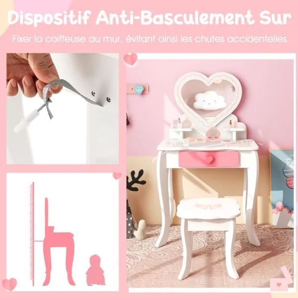 2 en 1 Coiffeuse et Tabouret Enfants avec Miroir Amovible en Forme de Cœur 10 Jouets d'Habillage Tiroir pour 3+ Ans Blanc