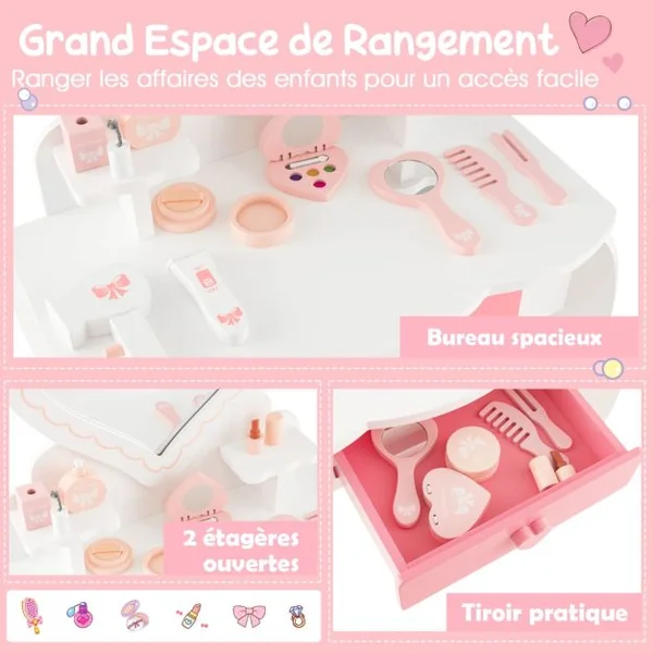 2 en 1 Coiffeuse et Tabouret Enfants avec Miroir Amovible en Forme de Cœur 10 Jouets d'Habillage Tiroir pour 3+ Ans Blanc