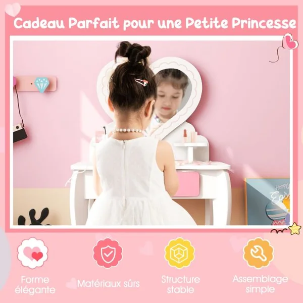 2 en 1 Coiffeuse et Tabouret Enfants avec Miroir Amovible en Forme de Cœur 10 Jouets d'Habillage Tiroir pour 3+ Ans Blanc