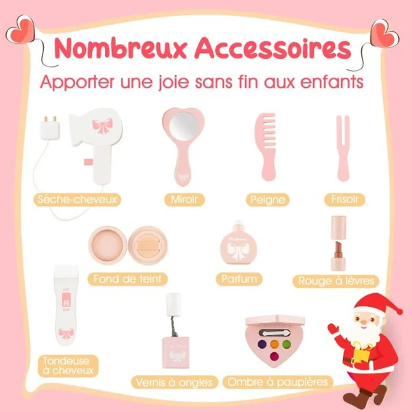 2 en 1 Coiffeuse et Tabouret Enfants avec Miroir Amovible en Forme de Cœur 10 Jouets d'Habillage Tiroir pour 3+ Ans Blanc