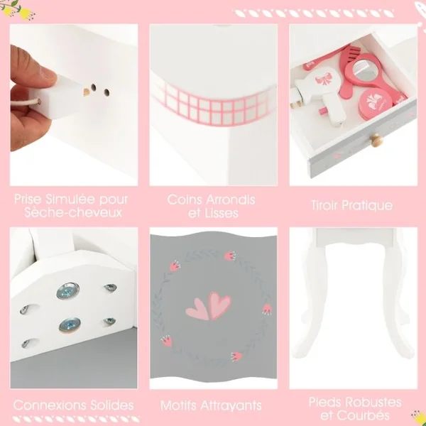 2 en 1 Coiffeuse et Tabouret Enfants avec Miroir Détachable à 3 Volets 10 Jouets d'Habillage et Tiroir pour 3+ Ans Blanc