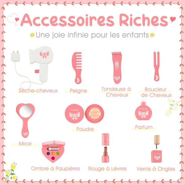 2 en 1 Coiffeuse et Tabouret Enfants avec Miroir Détachable à 3 Volets 10 Jouets d'Habillage et Tiroir pour 3+ Ans Blanc