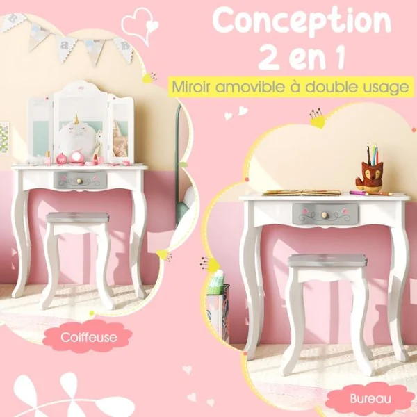 2 en 1 Coiffeuse et Tabouret Enfants avec Miroir Détachable à 3 Volets 10 Jouets d'Habillage et Tiroir pour 3+ Ans Blanc