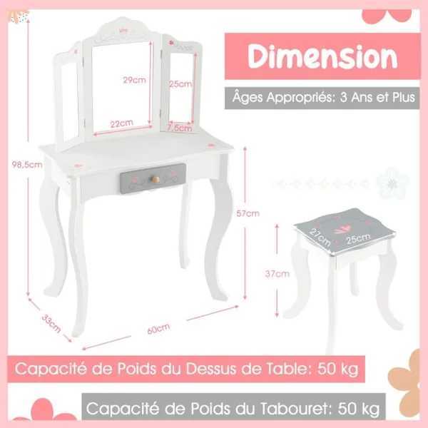 2 en 1 Coiffeuse et Tabouret Enfants avec Miroir Détachable à 3 Volets 10 Jouets d'Habillage et Tiroir pour 3+ Ans Blanc