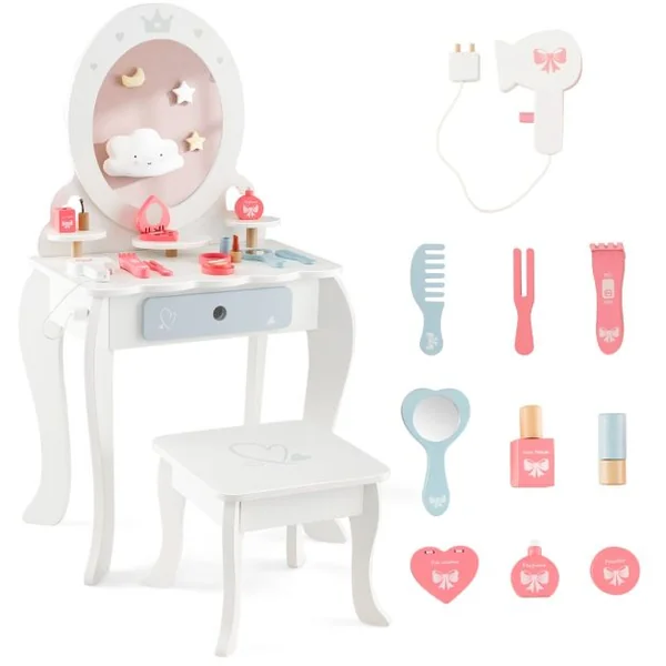 2 en 1 Coiffeuse et Tabouret Enfants - Miroir Ovale Amovible, 10 Jouets d'Habillage, Tiroir - Table Cosmétique pour 3+ Ans Blanc