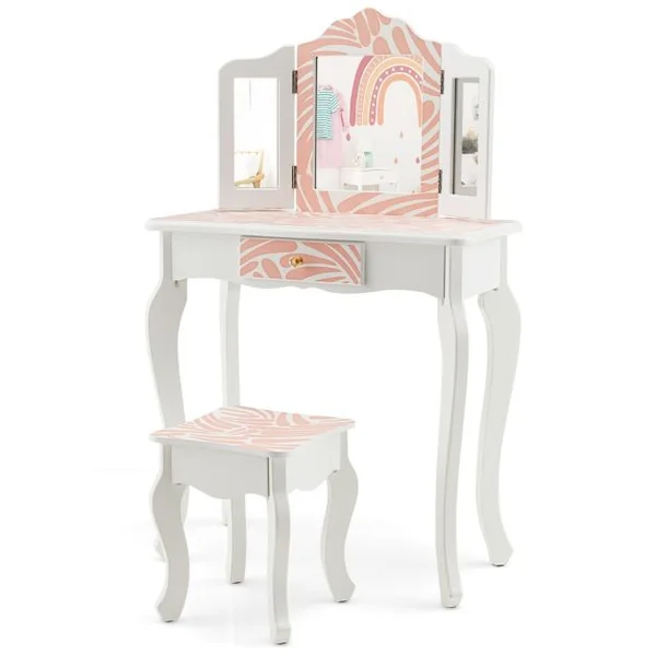 2 en 1 Coiffeuse pour Enfants de 3-7 Ans avec Miroir Amovible à 3 Volets Table de Maquillage avec Tabouret et Tiroir Rose