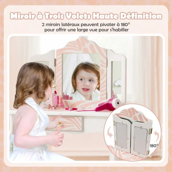 2 en 1 Coiffeuse pour Enfants de 3-7 Ans avec Miroir Amovible à 3 Volets Table de Maquillage avec Tabouret et Tiroir Rose