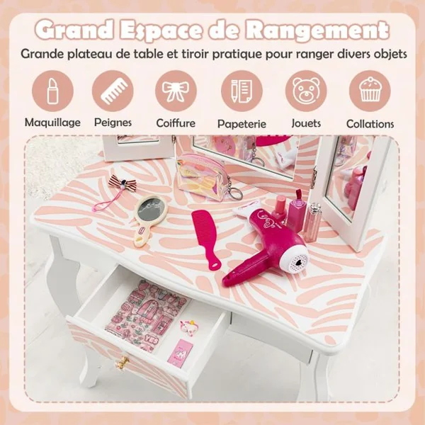 2 en 1 Coiffeuse pour Enfants de 3-7 Ans avec Miroir Amovible à 3 Volets Table de Maquillage avec Tabouret et Tiroir Rose