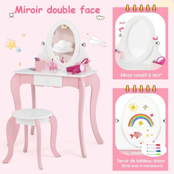 2 en 1 Coiffeuse Princesse Enfants avec Tabouret Table de Maquillage avec Miroir Rotatif Dispositif Anti-basculement pour Enfants de 3-7 Ans