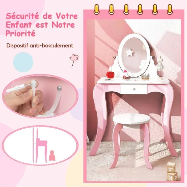 2 en 1 Coiffeuse Princesse Enfants avec Tabouret Table de Maquillage avec Miroir Rotatif Dispositif Anti-basculement pour Enfants de 3-7 Ans