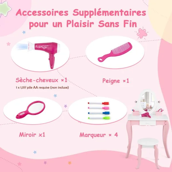 2 en 1 Coiffeuse Princesse Enfants avec Tabouret Table de Maquillage avec Miroir Rotatif Dispositif Anti-basculement pour Enfants de 3-7 Ans