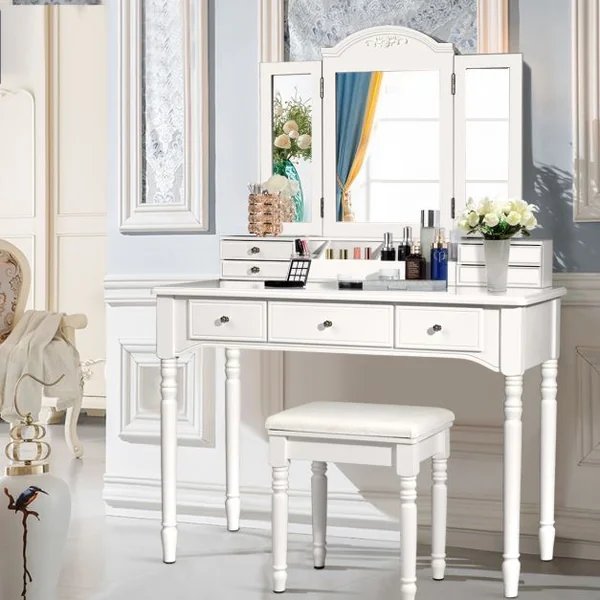 2 en 1 Coiffeuse Tabouret Miroir à 3 Volets Amovible Table de Maquillage 7 Tiroirs 8 Crochets Pieds en Bois Massif Blanc