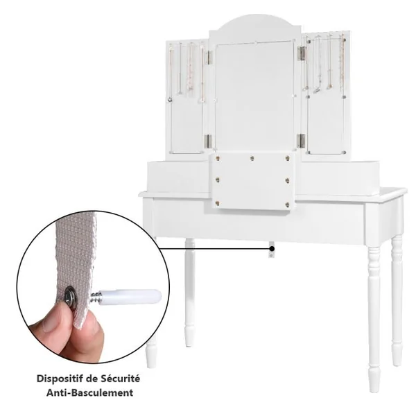 2 en 1 Coiffeuse Tabouret Miroir à 3 Volets Amovible Table de Maquillage 7 Tiroirs 8 Crochets Pieds en Bois Massif Blanc