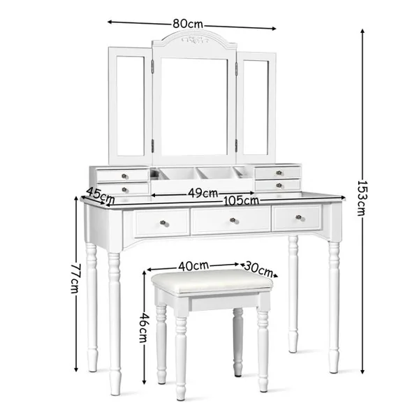 2 en 1 Coiffeuse Tabouret Miroir à 3 Volets Amovible Table de Maquillage 7 Tiroirs 8 Crochets Pieds en Bois Massif Blanc