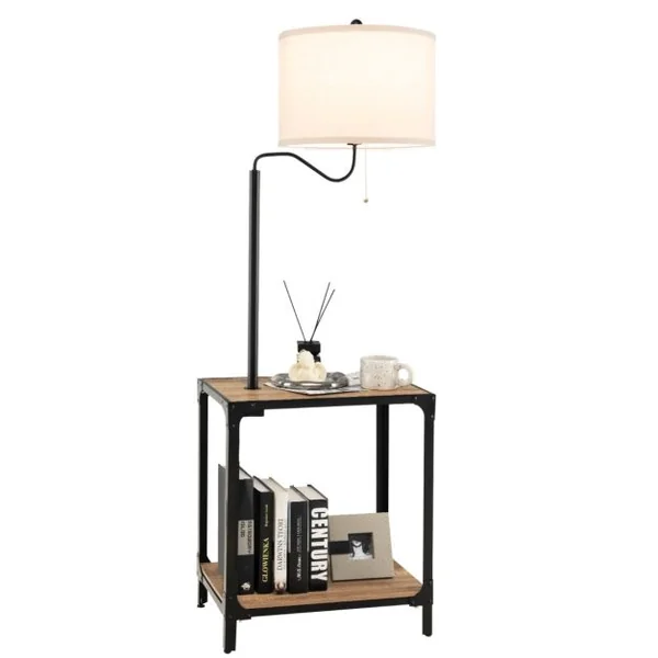 2 en 1 Lampadaire LED et Table d'Appoint avec 2 Étagères 2 Ports de Charge USB Bras de Lampe Rotatif à 360° 49x34x144 cm