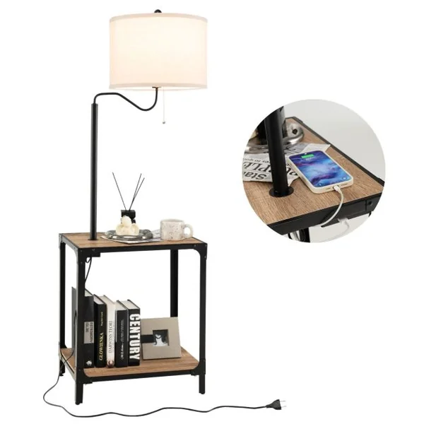 2 en 1 Lampadaire LED et Table d'Appoint avec 2 Étagères 2 Ports de Charge USB Bras de Lampe Rotatif à 360° 49x34x144 cm