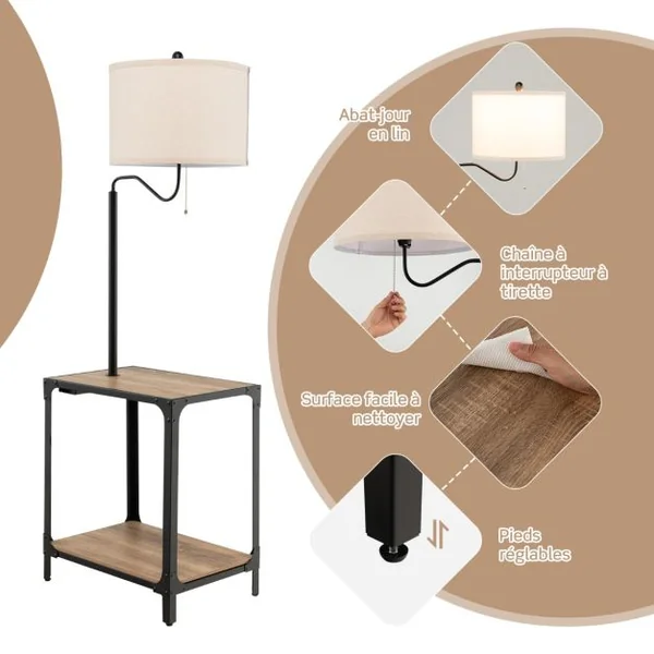 2 en 1 Lampadaire LED et Table d'Appoint avec 2 Étagères 2 Ports de Charge USB Bras de Lampe Rotatif à 360° 49x34x144 cm