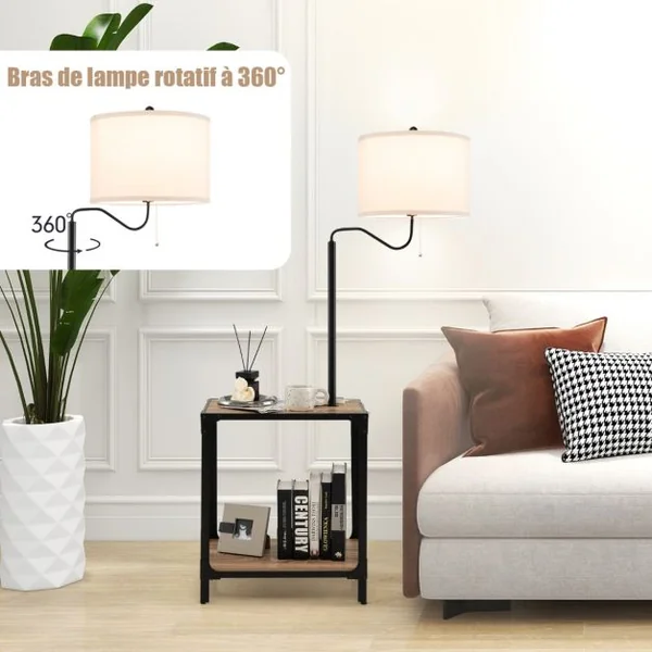 2 en 1 Lampadaire LED et Table d'Appoint avec 2 Étagères 2 Ports de Charge USB Bras de Lampe Rotatif à 360° 49x34x144 cm