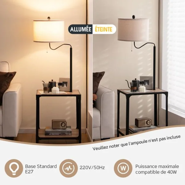 2 en 1 Lampadaire LED et Table d'Appoint avec 2 Étagères 2 Ports de Charge USB Bras de Lampe Rotatif à 360° 49x34x144 cm