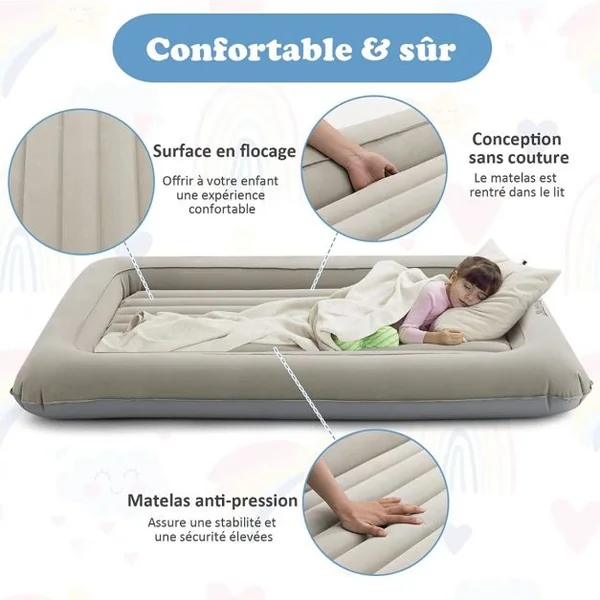 2 en 1 Lit Gonflable pour Enfants Auto-gonflage Rapide en 1 Minute Lit de Voyage Gonflable pour Enfants avec Matelas Amovible