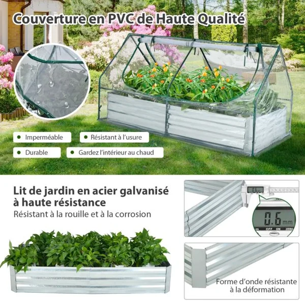 2 en 1 Lit Surélevé de Jardin avec Serre 2 Fenêtres Enroulables à 2 Niveaux Chaud et Aéré Galvanisé 180 x 90 x 91 cm