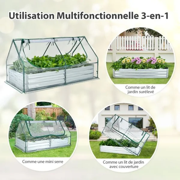 2 en 1 Lit Surélevé de Jardin avec Serre 2 Fenêtres Enroulables à 2 Niveaux Chaud et Aéré Galvanisé 180 x 90 x 91 cm