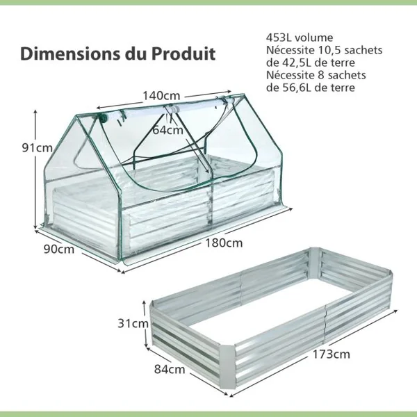 2 en 1 Lit Surélevé de Jardin avec Serre 2 Fenêtres Enroulables à 2 Niveaux Chaud et Aéré Galvanisé 180 x 90 x 91 cm