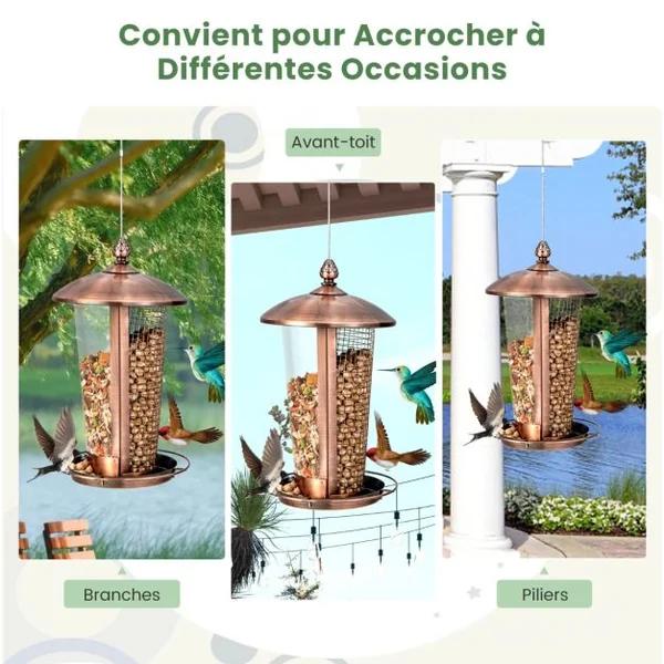 2 en 1 Mangeoire à Oiseaux Suspension en Métal Capacité 1L Mangeoire pour Oiseaux Sauvages Extérieure avec Trous de Drainage