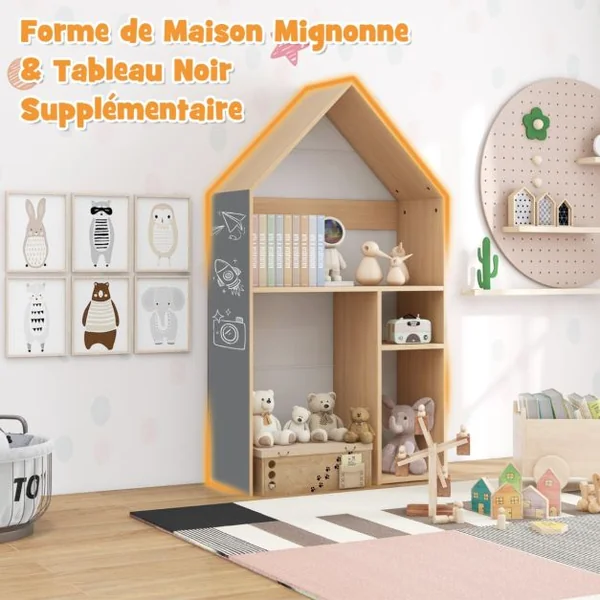 2 en 1 Table Enfants et Chaise en Bois avec Espace de Rangement Bureau Enfants en Forme Maison avec Tableau Noir pour 3 Ans+ Naturel Gris