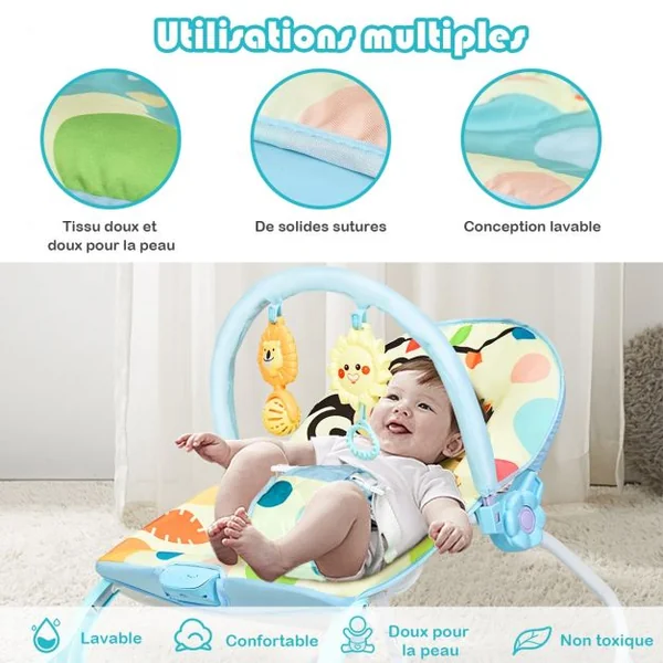 2 en 1 Transat pour Bébés 0-36 Mois Jusqu’ à 18KG avec 2 Mode de Vibration Angle Ajustable Bleu