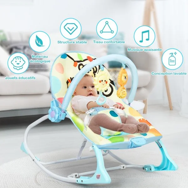 2 en 1 Transat pour Bébés 0-36 Mois Jusqu’ à 18KG avec 2 Mode de Vibration Angle Ajustable Bleu